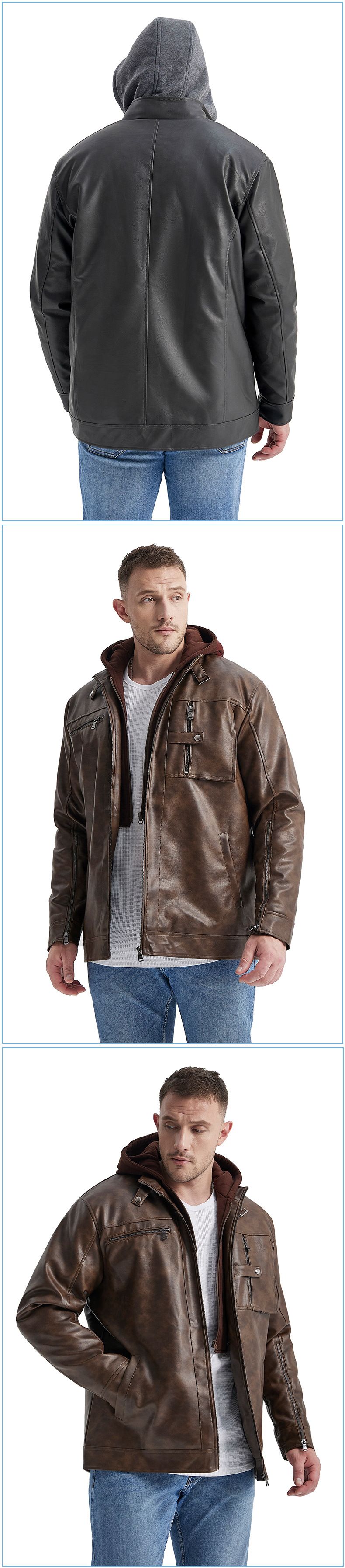 Giacca multitasche in pelle PU da uomo con cappuccio staccabile, fodera trapuntata e polsini lunghi con cerniera - Cappotto invernale taglie forti per abbigliamento casual_voghion.com