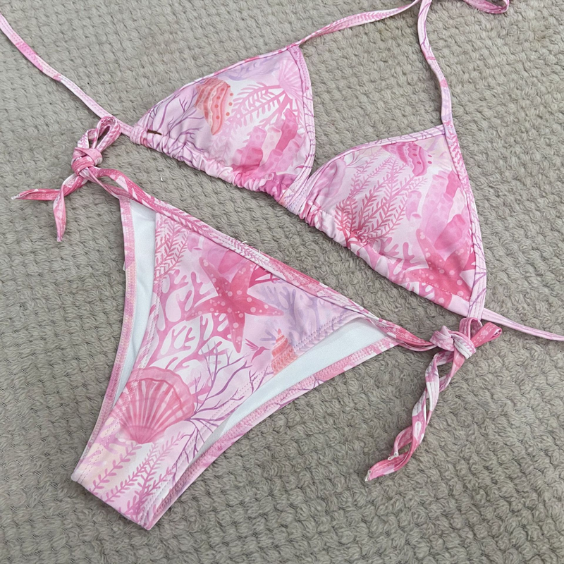 Sexy push-up halterhals-bh met kleine borsten, afneembare bandjes en modieus driepunts bikinibadpak met zeesterrenprint_voghion.com