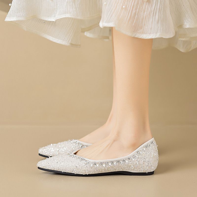 Rhinestone Single Shoes Female Flat Autumn With Skirt One Pedal Fairy Wind Beanie Shoes Large Size_voghion.com