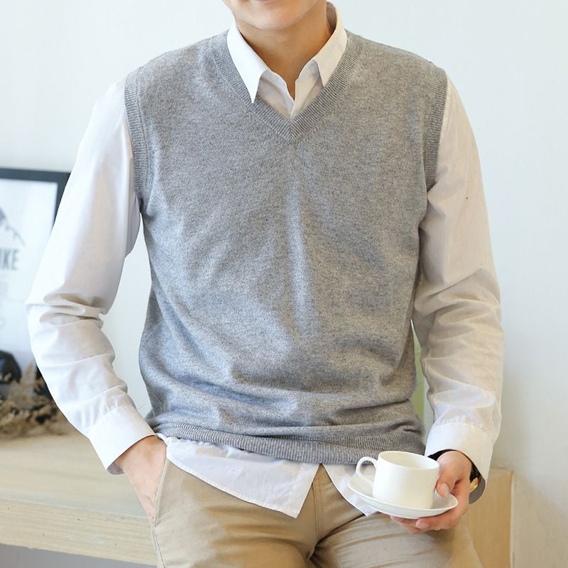 Herbst Winter Neue Herren Ärmellose Einfarbige V-Ausschnitt Verdickte Kurzarm Strickpullover Pullover Weste_voghion.com
