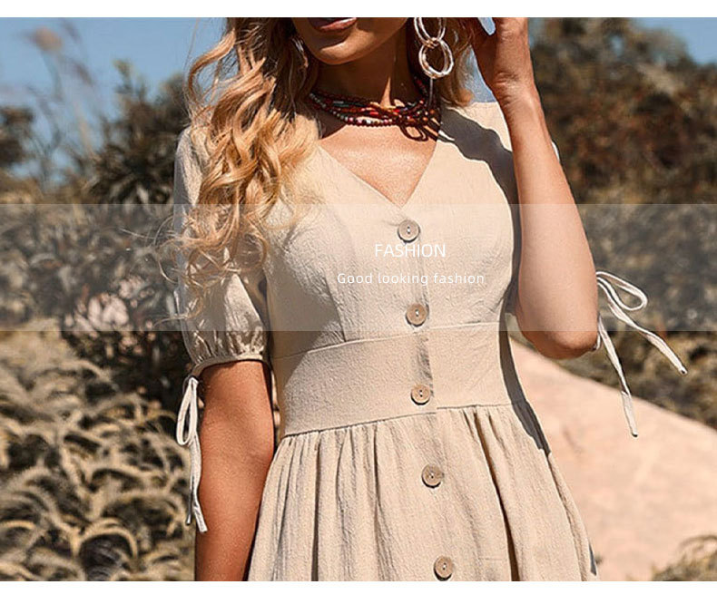 Women's Mid length Dress Short Sleeve V-Neck Solid Color Dress_voghion.com