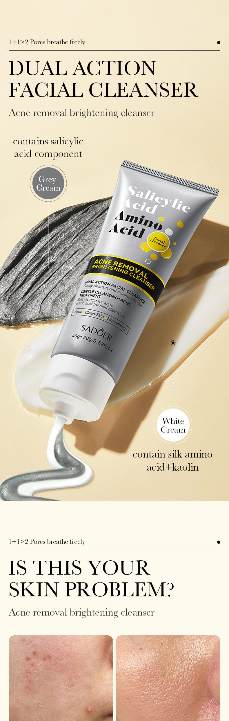 Detergente viso completo in inglese SADOER Detergente viso a doppio effetto con aminoacidi salicilici_voghion.com