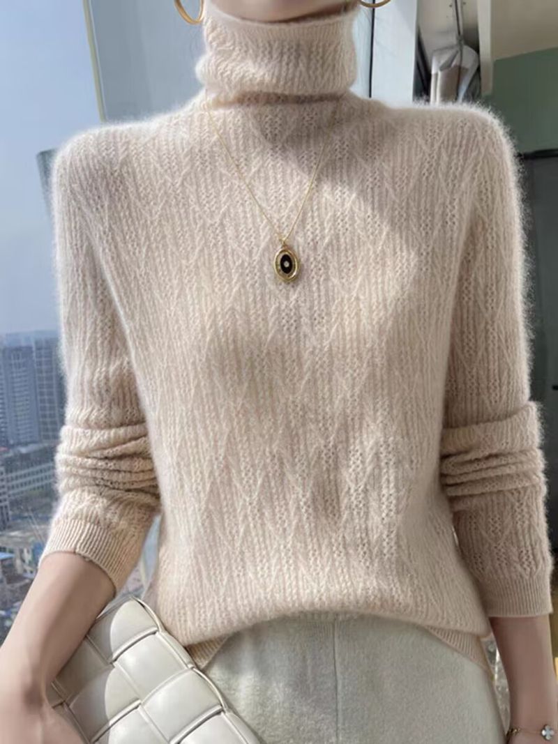 Half high neck diamond grid casual Korean version 2024 autumn and winter new hollow out feminine versatile woolen_voghion.com
