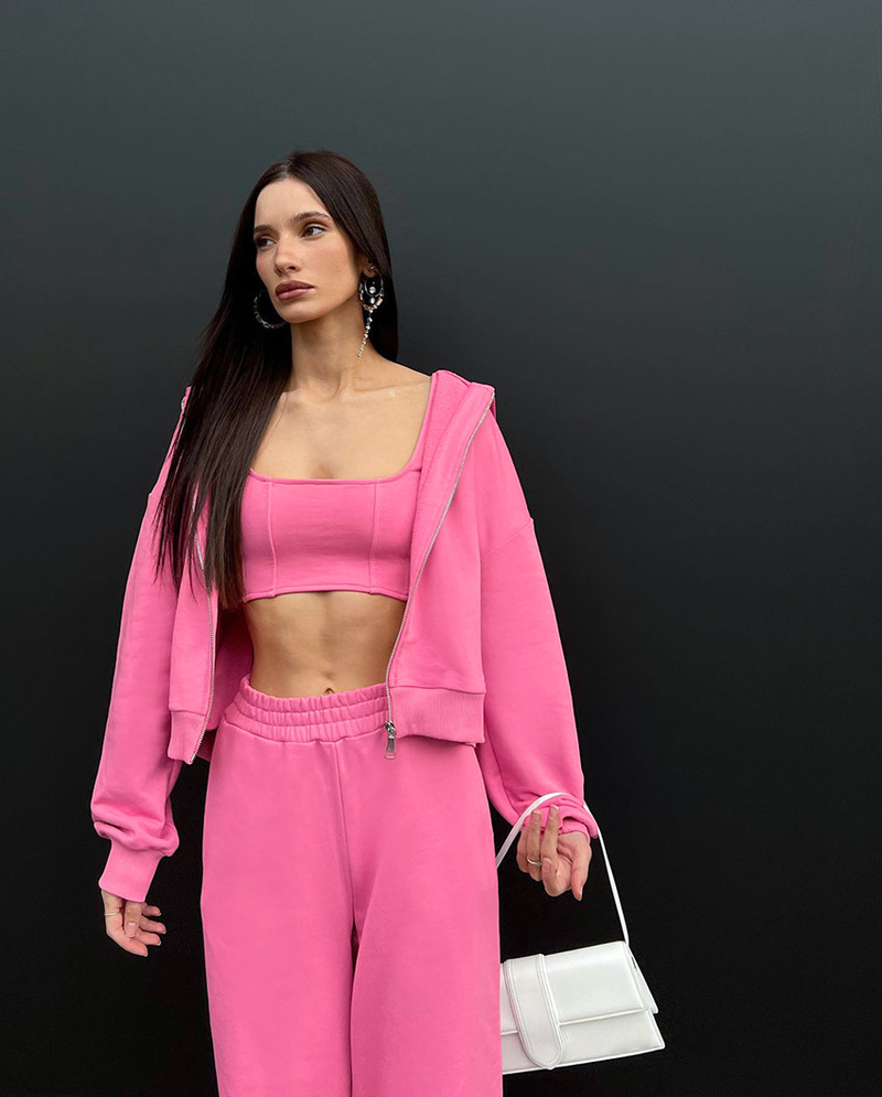 Sweat à capuche à la mode pour femmes, ensemble deux pièces en molleton rose et pantalon à capuche_voghion.com