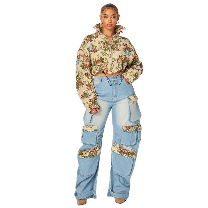 Frauen Kleidung herbst neue mode floral denim overalls anzug_voghion.com