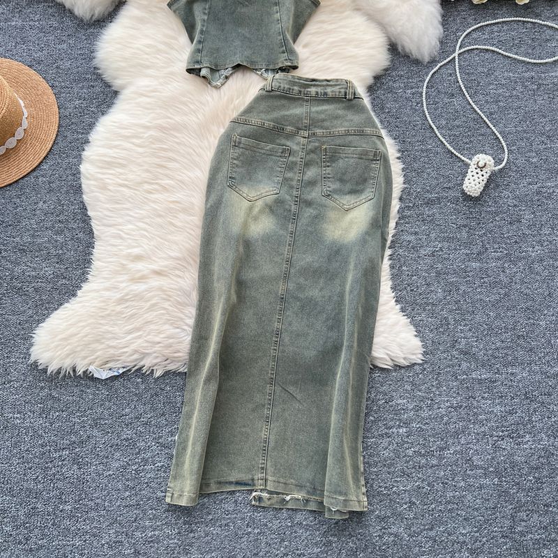 Women's Clothing Retro Washed Distressed Halter Neck Sleeveless Lapel Raw Edge Denim Top Slit Slim Skirt Two Piece Set_voghion.com