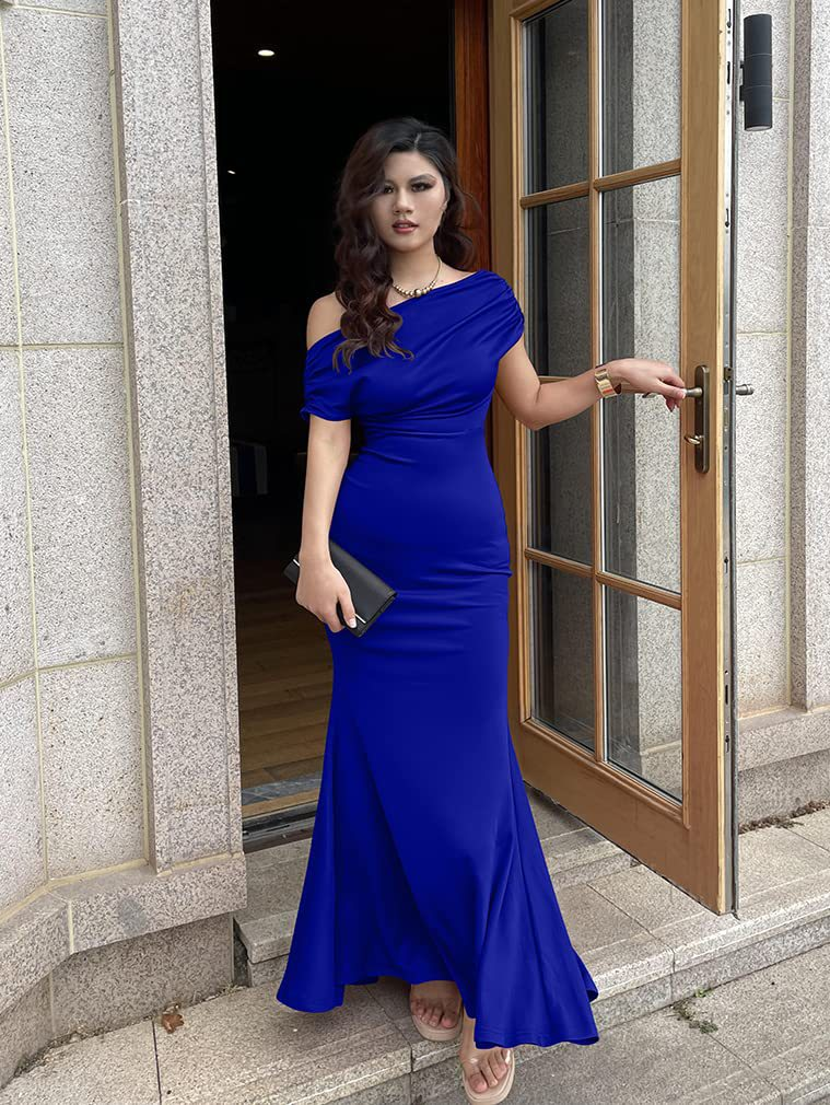 Rochie sexy pentru femei, cu mânecă scurtă, ușor șifonată, cu umeri oblici în față_voghion.com
