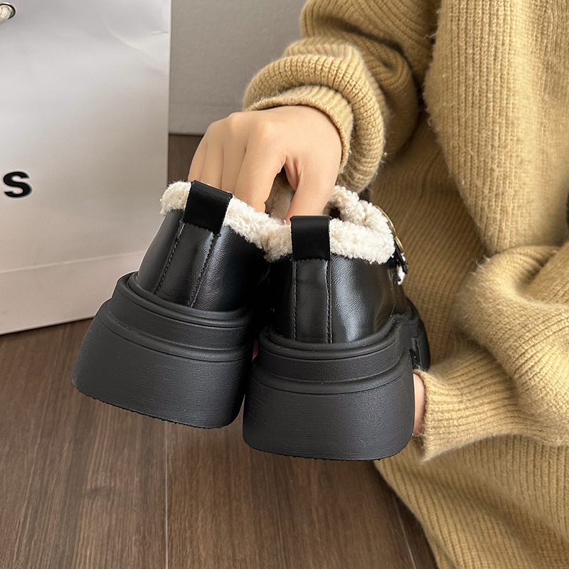 Plush cotton Le Fu Mary Zhen small leather shoes, 2023 autumn winter new item, sponge sole, warm and height increasing_voghion.com