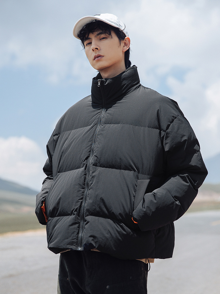Trend hübsche Daunenjacke Männer kurze Polarfleece Stehkragen lose dicke warme weiße Entendaunen Brotmantel_voghion.com