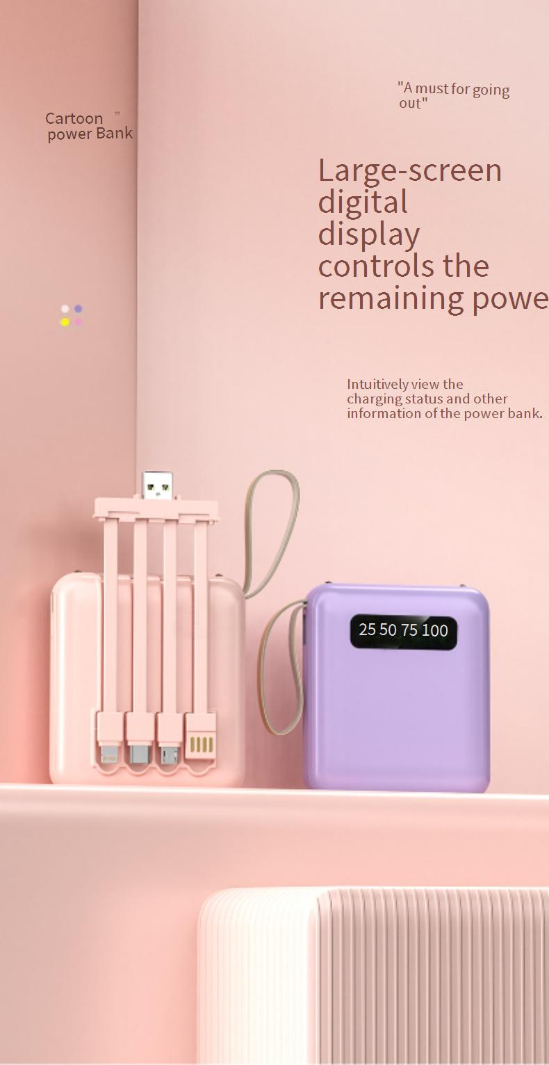 Dahili Kablolu, Hızlı Şarjlı, Yüksek Kapasiteli Harici Pil Paketine Sahip 20000mAh Taşınabilir Güç Bankası (Beyaz/Siyah/Pembe/Mor/Ayna Seçenekleri)_voghion.com