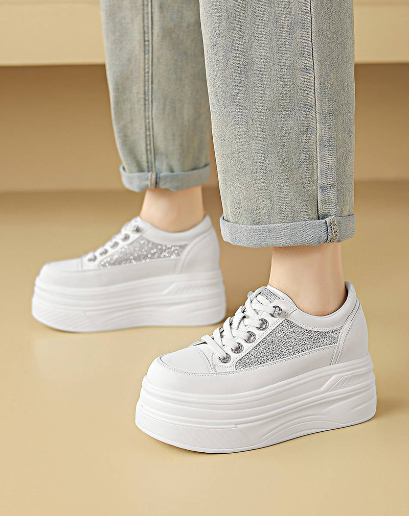 Cameido Women's Thick Sole Casual Shoes - 7CM Platform Round Toe With PU Molded Sole Ultra Microfiber Mesh Diamond Design Comfortable Stylish Footwear_voghion.com