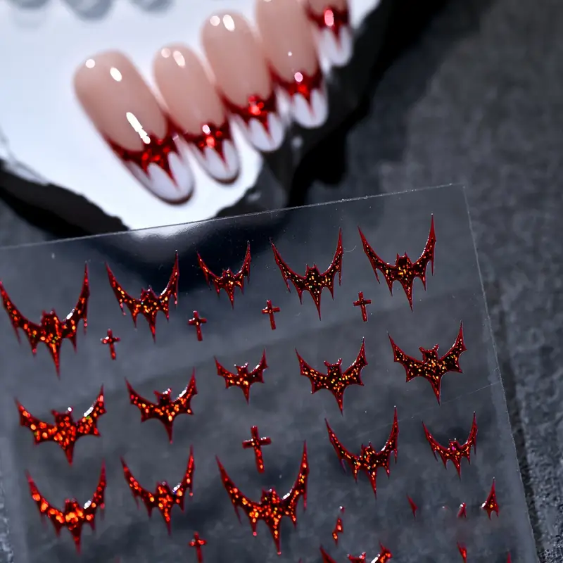 Halloween Dunkler Fledermaus-Aufkleber, Rot-Goldene Nagelkunst-Aufkleber – Gothic-Fledermaus-Rückseite im französischen Stil für DIY-Charm-Design_voghion.com
