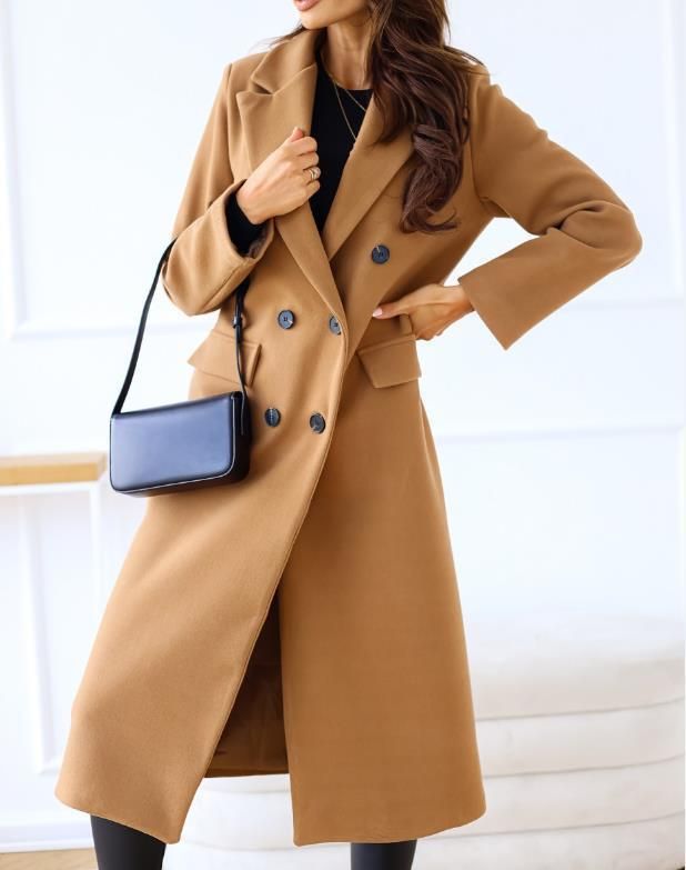 Cappotto lungo doppiopetto in lana - Classico trench britannico da donna con revers a lancia (S-3XL, cachi/marrone/nero/blu navy/blu reale)_voghion.com