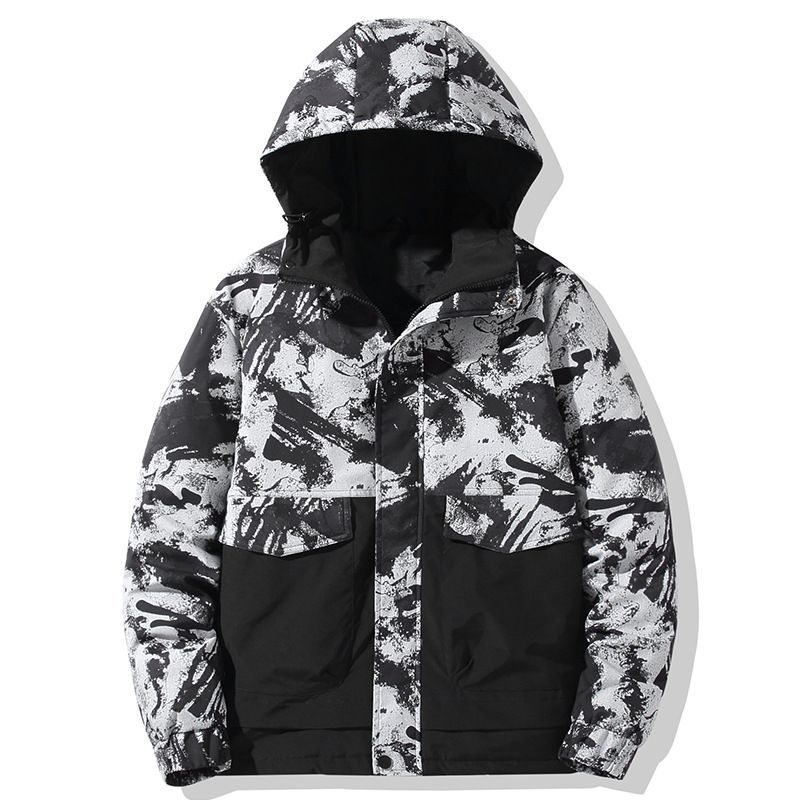 Leichte Daunenjacke für Paare – 550FP weißer Gänsefeder-Kapuzenmantel mit Blumendruck (maschinenwaschbar, Blau/Schwarz, M-3XL)_voghion.com