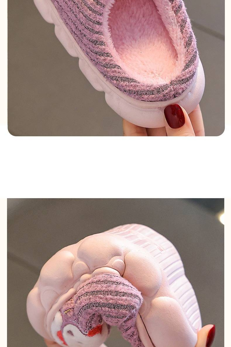 Pantufas de inverno infantis com forro de pelúcia - Pantufas aconchegantes com estampa de animais para meninos e meninas (coelho rosa, capivara, dinossauro verde, pato cinza)_voghion.com