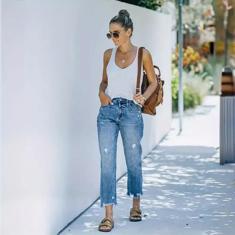 2025 Neue zerrissene lässige Neun-Punkt-Jeans mit gerader Passform für Damen_voghion.com