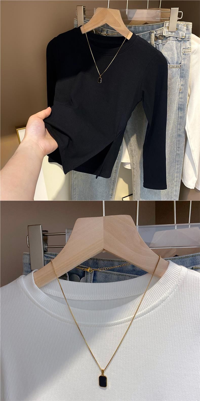 3304 # Camiseta de manga larga, camisa pequeña base de mujer, capa interior para 2023 nueva primavera y otoño color sólido irregular_voghion.com