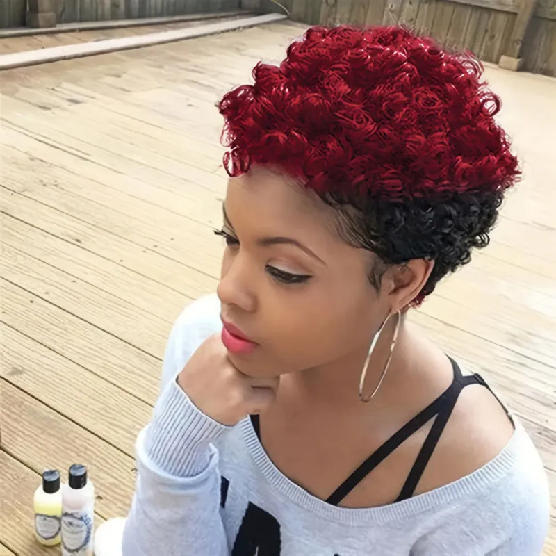 Afro kovrčava kratka bob ombre perika u boji sa šiškama, afričke pahuljaste perike od ljudske kose pixie kroja za žene_voghion.com