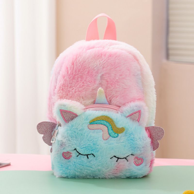 Lässiger Rucksack, Plüsch-Rucksack, süßer Cartoon-Plüsch-Rucksack, Einhorn, Einhorn, Plüsch, Schultasche, Mädchen_voghion.com