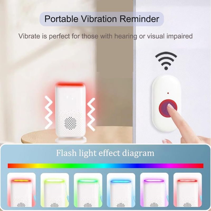 Timbre inalámbrico con 58 timbres, LED intermitente de colores y alerta por vibración. Alimentación CC de 5 V. Ideal para el hogar y el cuidado de personas mayores (botón rojo/azul opcional)._voghion.com
