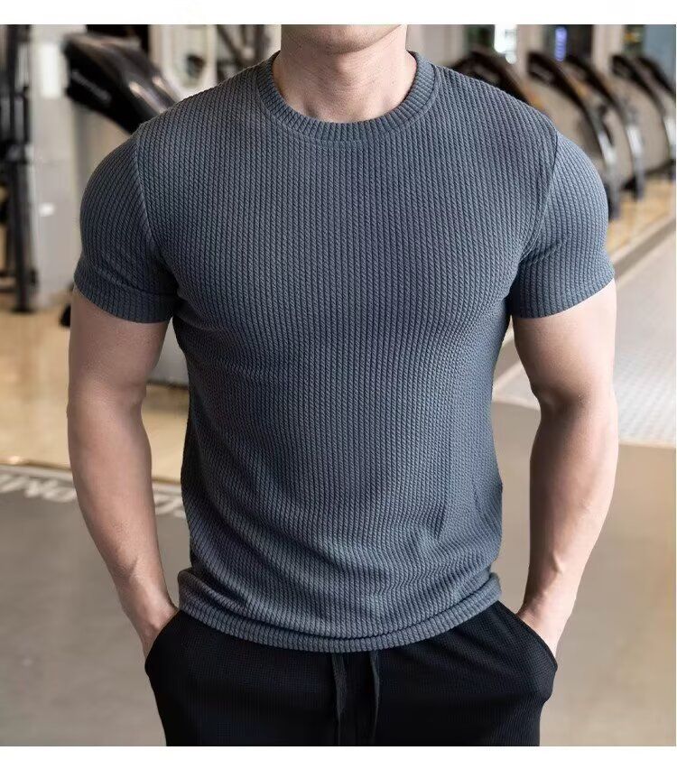 Men's Short-sleeved T-shirt Summer New Slim-fit Business Casual Fashion Versatile High-end Striped Crew Neck Bottoming Shirt_voghion.com