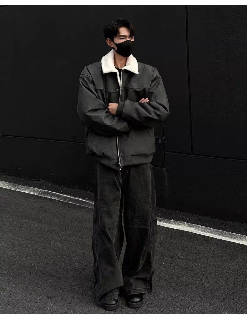 Men's Retro PU Leather Shearling Bomber Jacket, Thickened Short Puffer Coat With Stand-Up Collar, Maillard Style Vintage Aviator Jacket For Winter_voghion.com