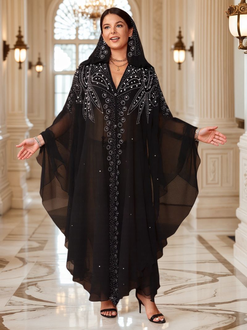 Robe cravejado de strass, xale muçulmano, vestido com capa e capuz, manga morcego, mais vendido_voghion.com