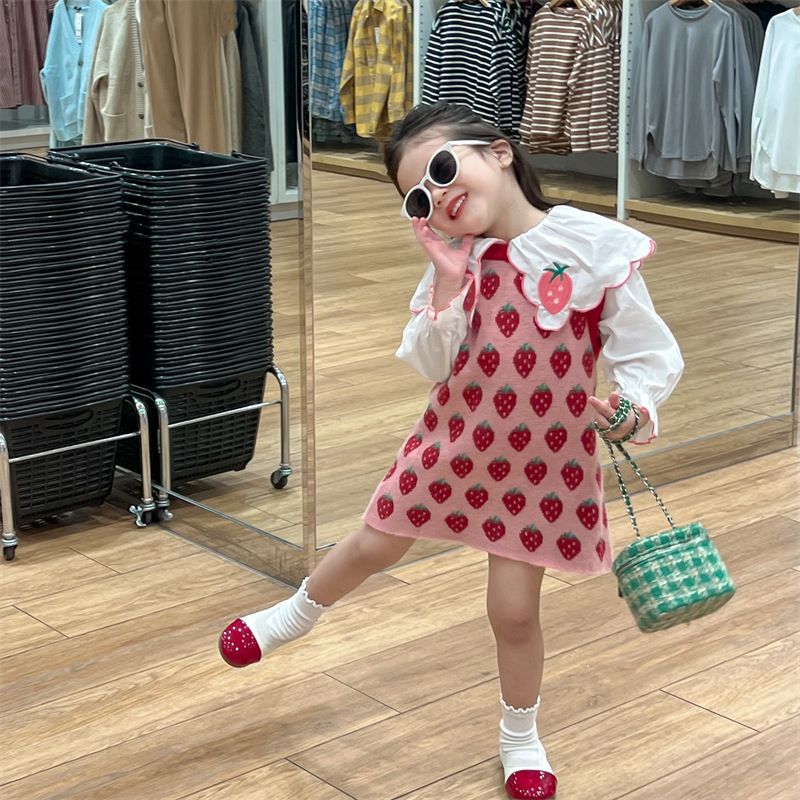 2024 Primavera Nuovo Coreano Bambini Vestiti Carino Ricamato Colletto Camicia Fragola Maglia Canotta Gonna per Ragazze_voghion.com