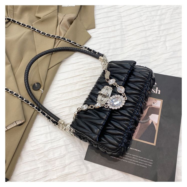 Fashionable and versatile niche chain bag one shoulder pleated diamond small fragrance style net celebrity ladies small bag ins shoulder bag_voghion.com