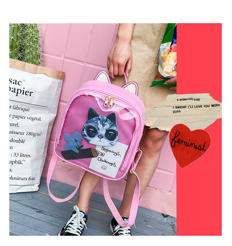 Zaini in pelle con orecchie di gatto adorabili Borsa trasparente color caramello Borse a tracolla da donna Zaino da viaggio per ragazze adolescenti_voghion.com