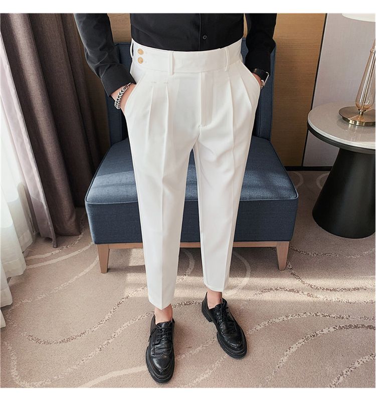 Pantaloni napoletani da uomo nuovi di zecca, in twill strutturato, con vita a pieghe, design casual a nove punte, vita media e alta_voghion.com
