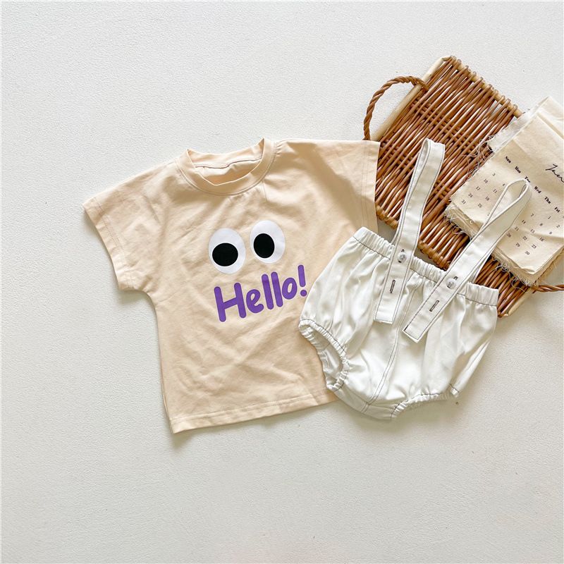Tuta estiva per ragazzi e ragazze, maglietta a maniche corte in cotone + pantaloni in denim con bretelle, stesso stile coreano, completo in due pezzi_voghion.com