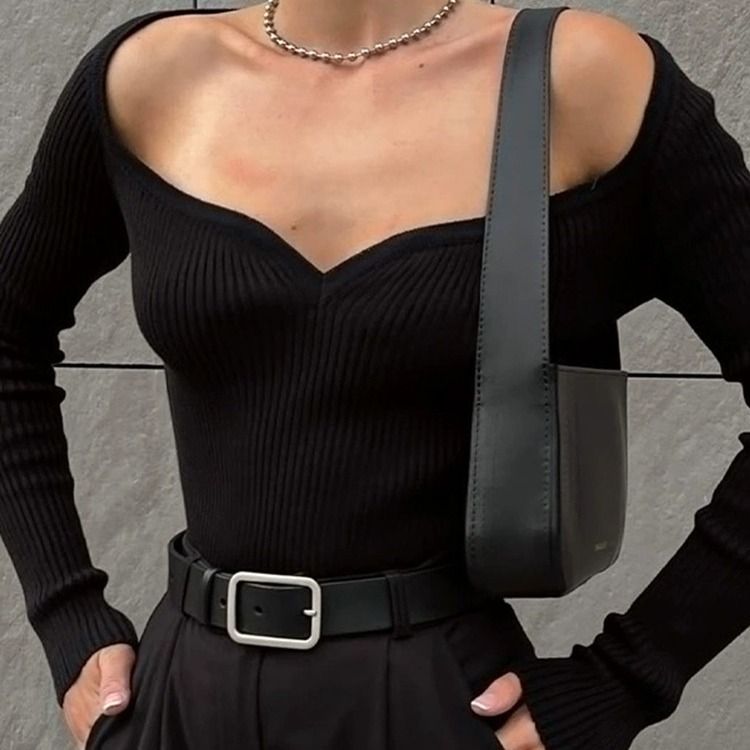 2025 Quadratischer Kragen Langarm-Basis für Frauen, einfarbig, eine Schulter hohe Taille, sexy und enges Design, mit einem strukturierten_voghion.com