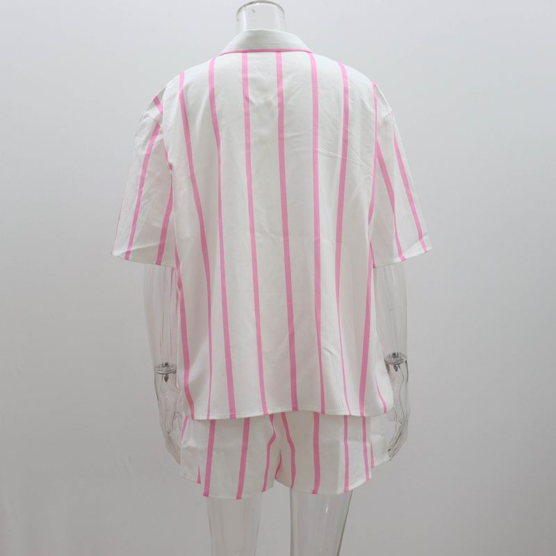 Vêtements pour femmes printemps et été nouvelle plage chemise à manches courtes dames loisirs deux pièces mode rayé short costume_voghion.com