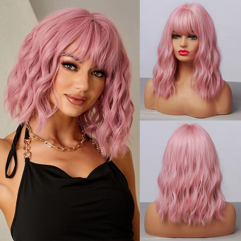 HAIRCUBE parrucca sintetica ondulata con frangia caschetto corto parrucche rosa parrucca riccia ondulata lunghezza spalle parrucca Cosplay parrucca colorata quotidiana_voghion.com