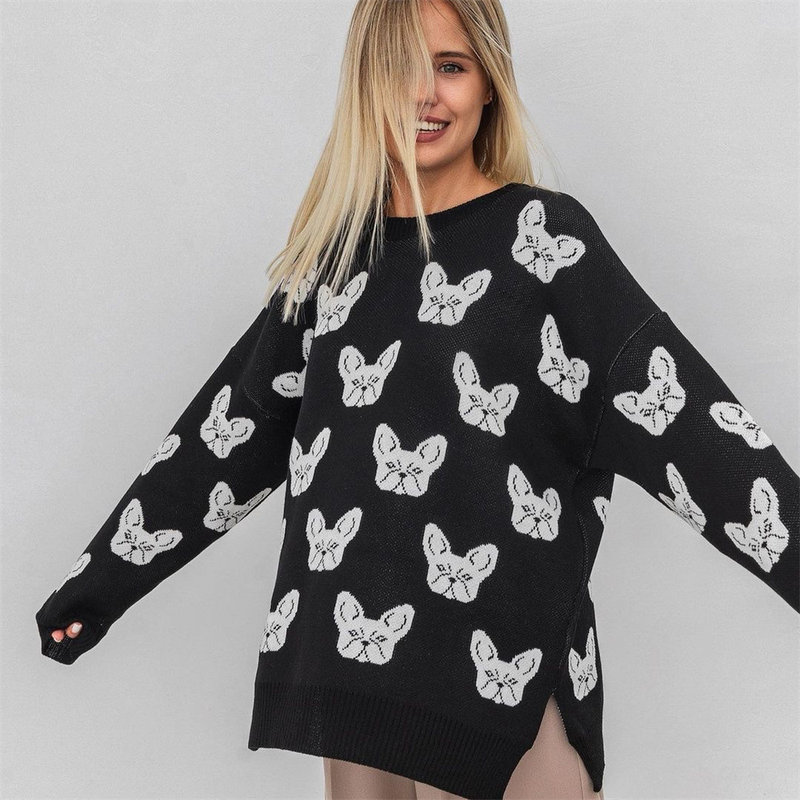 Suéter de cuello redondo con jacquard y cabeza de perro para mujer, nuevo estilo de otoño e invierno, estilo perezoso, suéter holgado, chaqueta_voghion.com