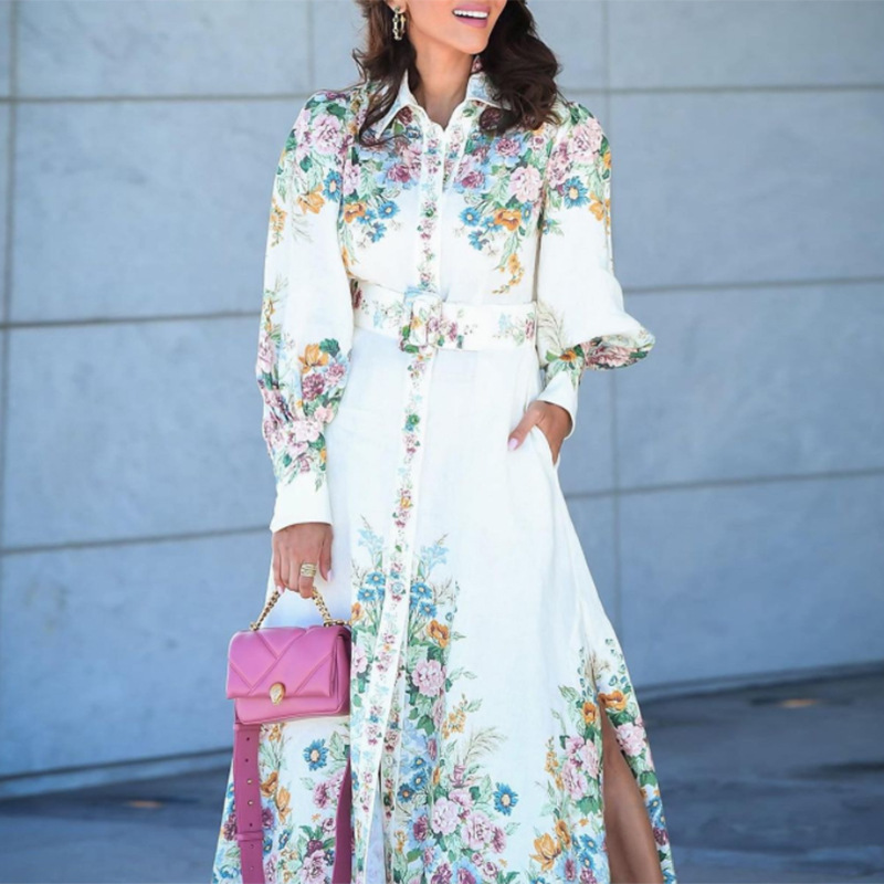 Women's fashion elegant printed lantern sleeve lapel robe shirt collar dress_voghion.com