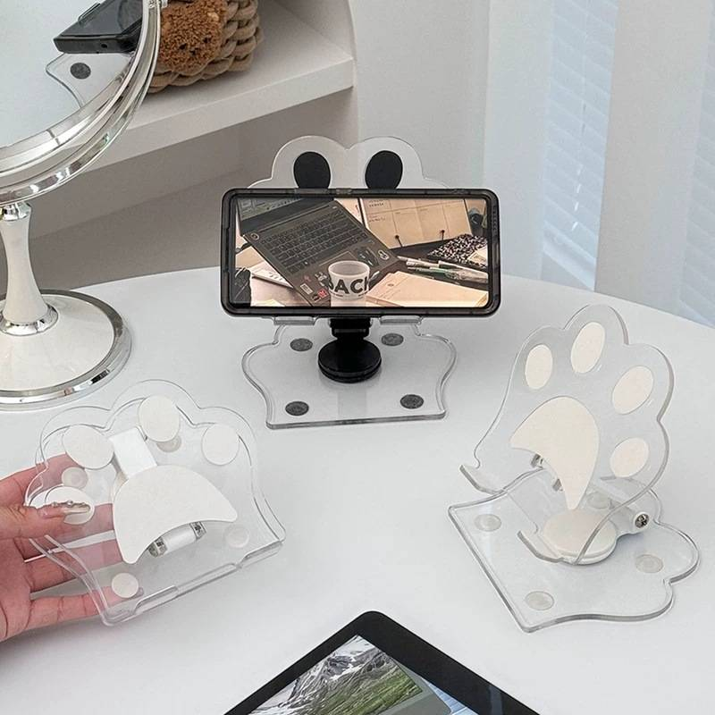 Soporte acrílico con forma de garra de gato para tableta de escritorio, transparente y ajustable en múltiples ángulos, rotación y movimiento de 360°, ideal para escritorios, hogar y oficina._voghion.com