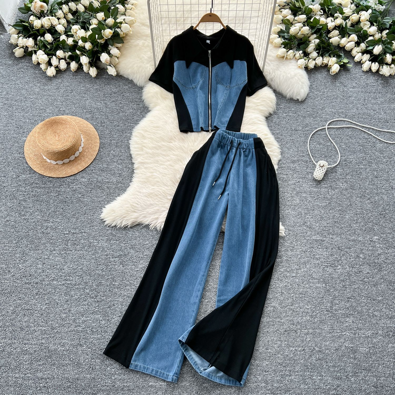 Ensemble complet de vêtements d'été pour femmes, haut décontracté à manches courtes et taille haute, pantalon large en denim à revers rétro, deux pièces_voghion.com
