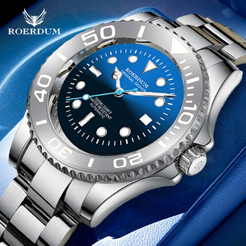ROERDUM Phantom King Series - Bracciale in acciaio inossidabile, quadrante blu, display luminoso, orologio meccanico da uomo classico ed elegante_voghion.com
