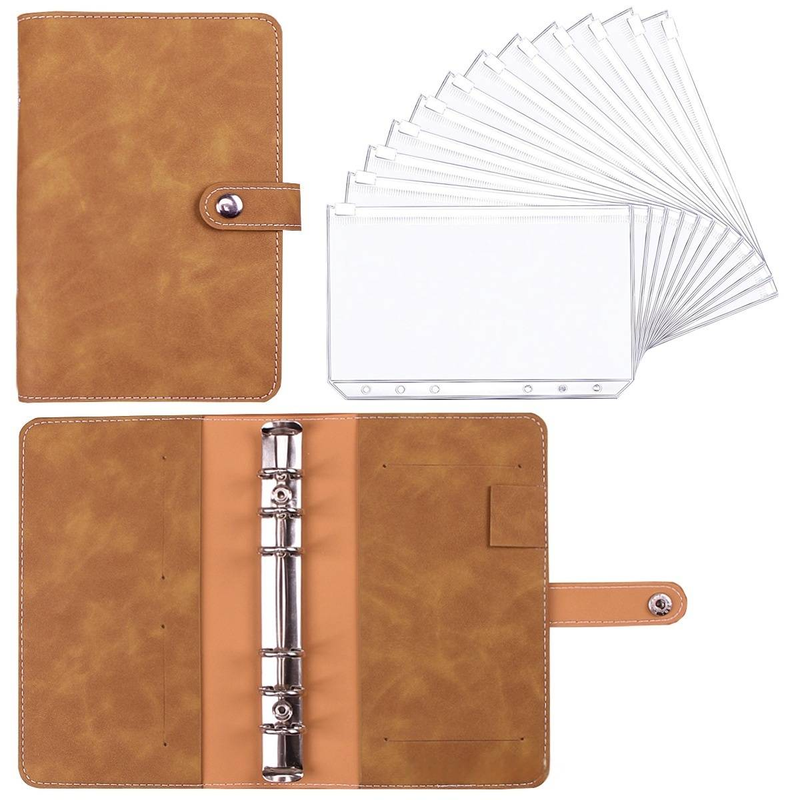 Caderno A6 de couro PU com mecanismo de 6 argolas, inclui 12 bolsos com zíper e 16 adesivos – perfeito para orçamento, diário e organização_voghion.com