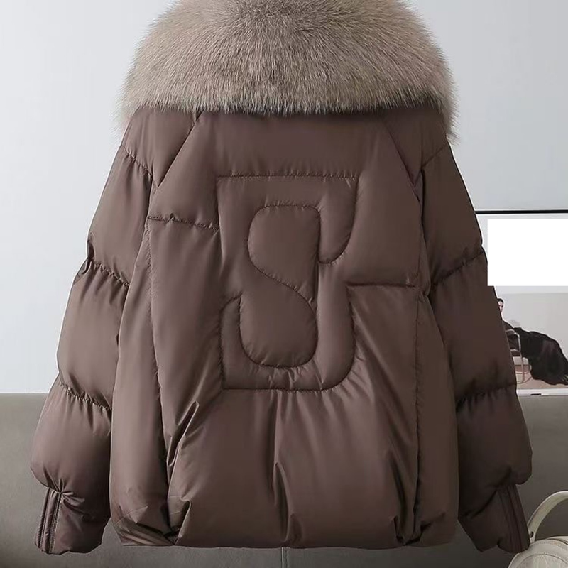Women's Clothing Short Puffer Jacket With Fox Fur Collar - Cozy Winter Coat, Thicken Warm Fleece Lining, Loose Fit, Zipper Closure, Multiple Colors_voghion.com