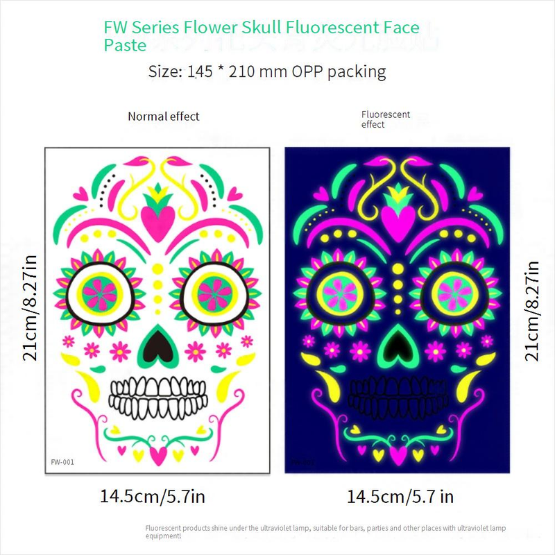 Halloween Temporary Tattoos Stickers - Glow In The Dark Day Of The Dead Face & Body Art For Party, Scary Makeup, Costume Accessories (8-Piece Set)_voghion.com