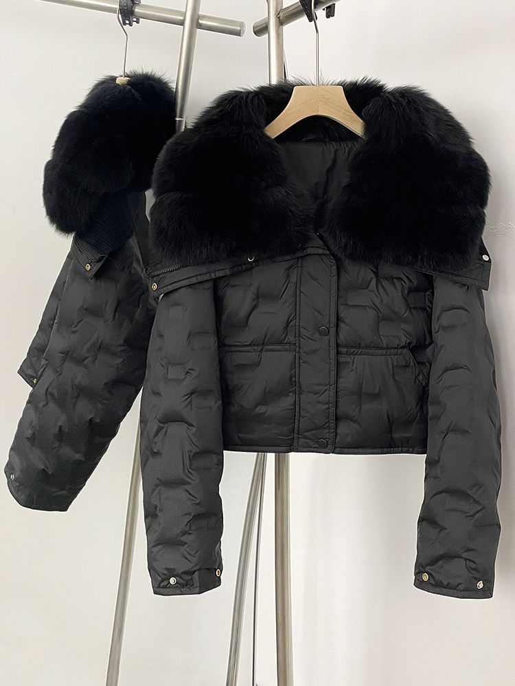 Stylische kurze Daunenjacke für Damen mit luxuriösem Fuchspelzkragen, geometrischem Musterdesign, 90 % weißen Entendaunen, warmer Wintermantel_voghion.com