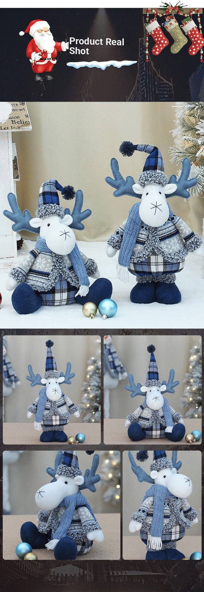 Blue Fabric Christmas Reindeer Plush Toy – Standing & Sitting Santa Hat Deer Doll For Window Display & Festive Decor_voghion.com