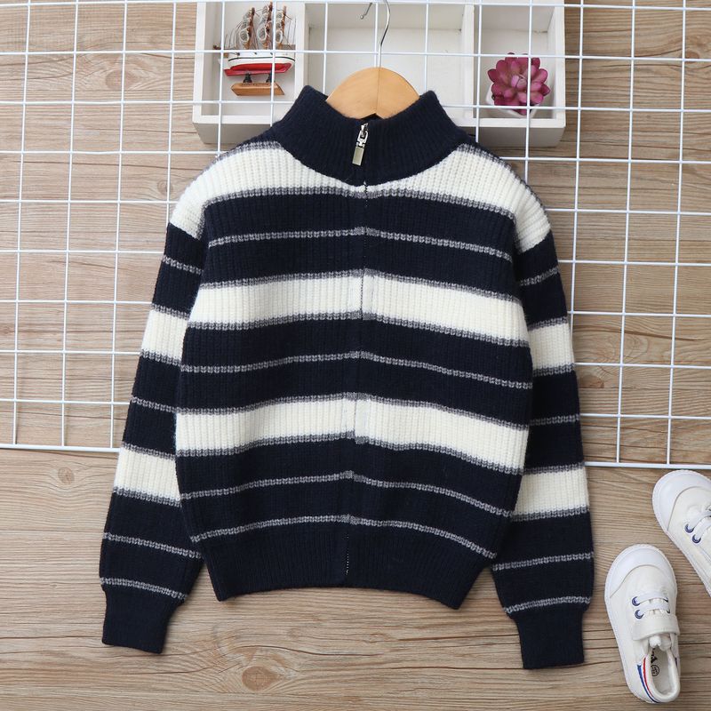 Strickjacke aus Lammwolle für Mutter und Kind, weicher, warmer Strickpullover für große Kinder (ab 8 Jahren), gestreiftes Design, lange Ärmel, Stehkragen (Grau/Marineblau)_voghion.com