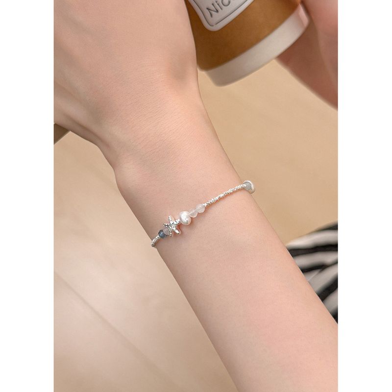 Women’s Summer Starfish Natural Pearl Charm Bracelet - Niche Fresh Design With Fragmented Silver & Aquamarine Accents_voghion.com