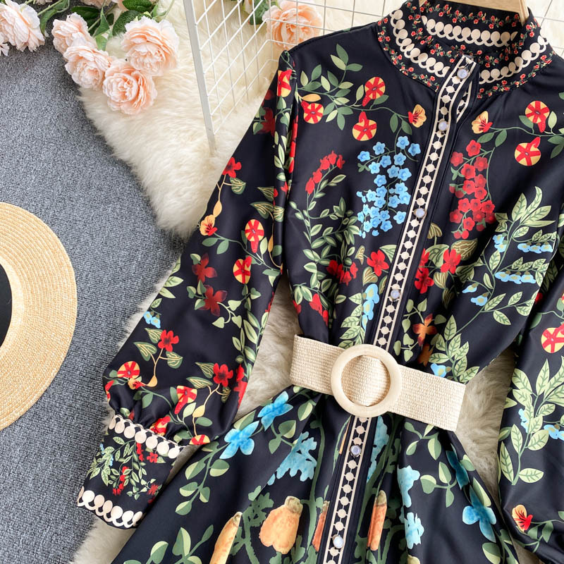 Abito da donna in stile palazzo retrò con cravatta in vita, girocollo, maniche lunghe, volant, gonna a trapezio in stile fata western_voghion.com