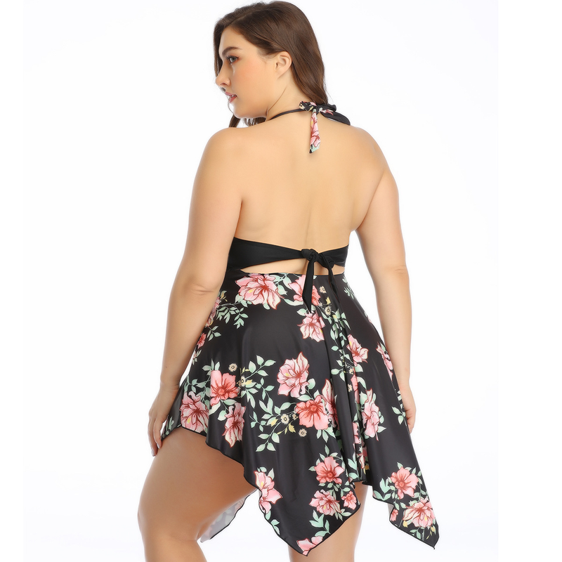 Women's Clothing Plus Size Plus Skirt Style Conservative Belly Covering Gathered Split Swimsuit_voghion.com