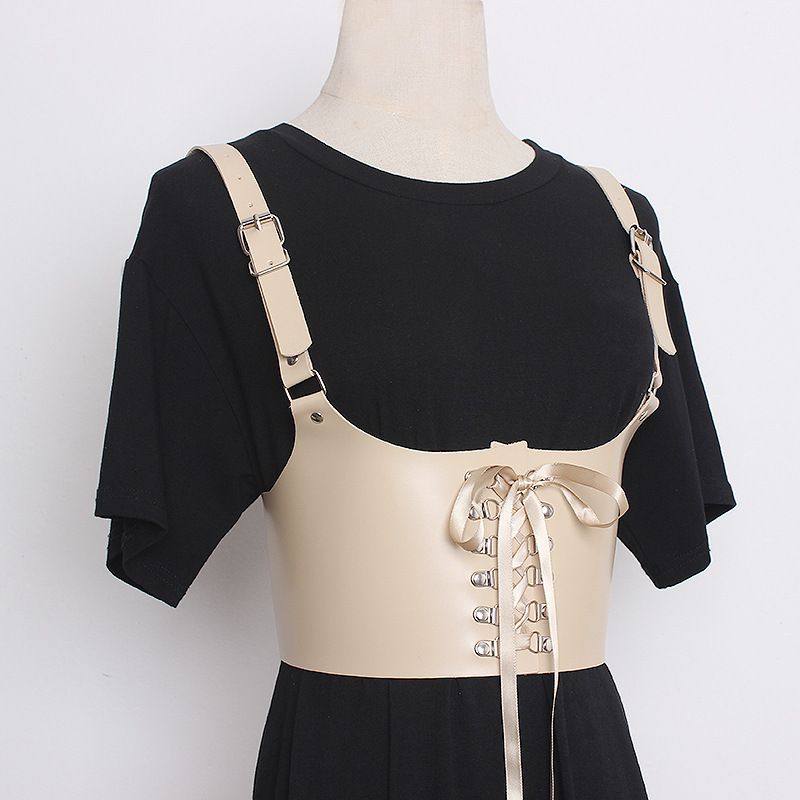 Dames leren harnas vest riem vrouwelijke zwarte strik schouderband_voghion.com